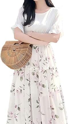 レディースドレス、夏、美しい、ミディアム、シフォン、花柄ドレス、フレア、半袖、
