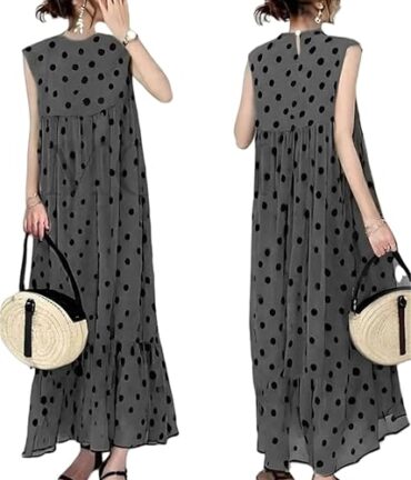 水玉模様のワンピース、レディースサマーワンピース、ロングワンピース、ノースリーブ、夏服、ラウンドネック、ノースリーブ、